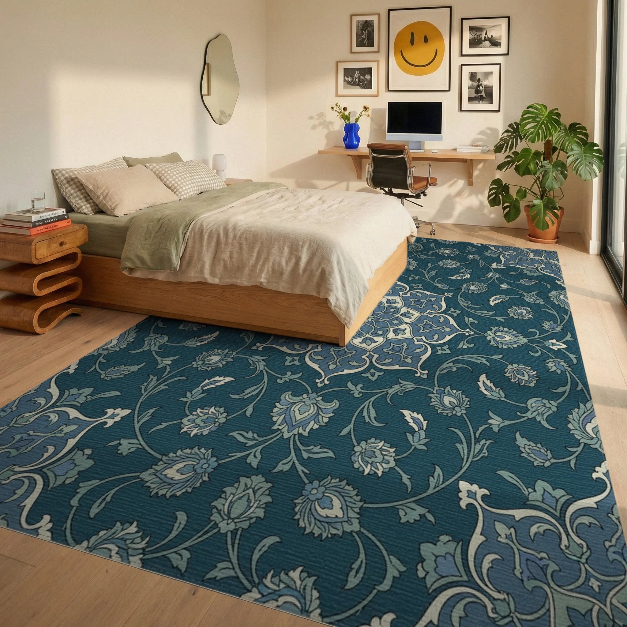 Deep Blue Floral Medallion Mandala Rug Bedroom View