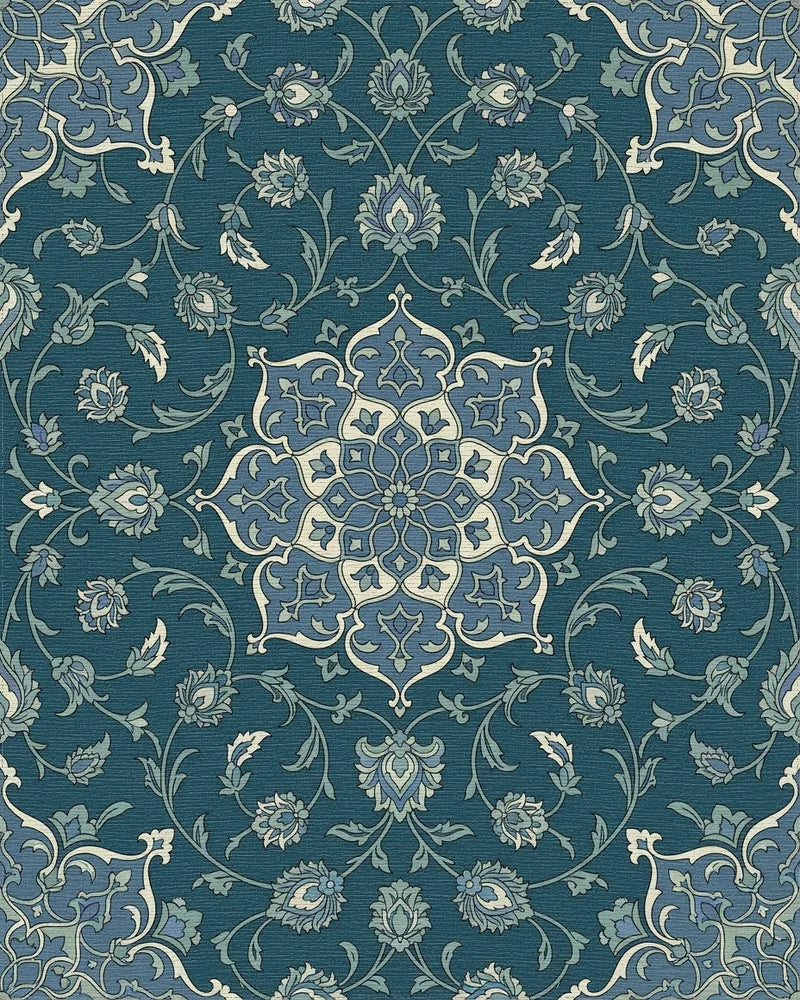 Deep Blue Floral Medallion Mandala Rug - Cutout View
