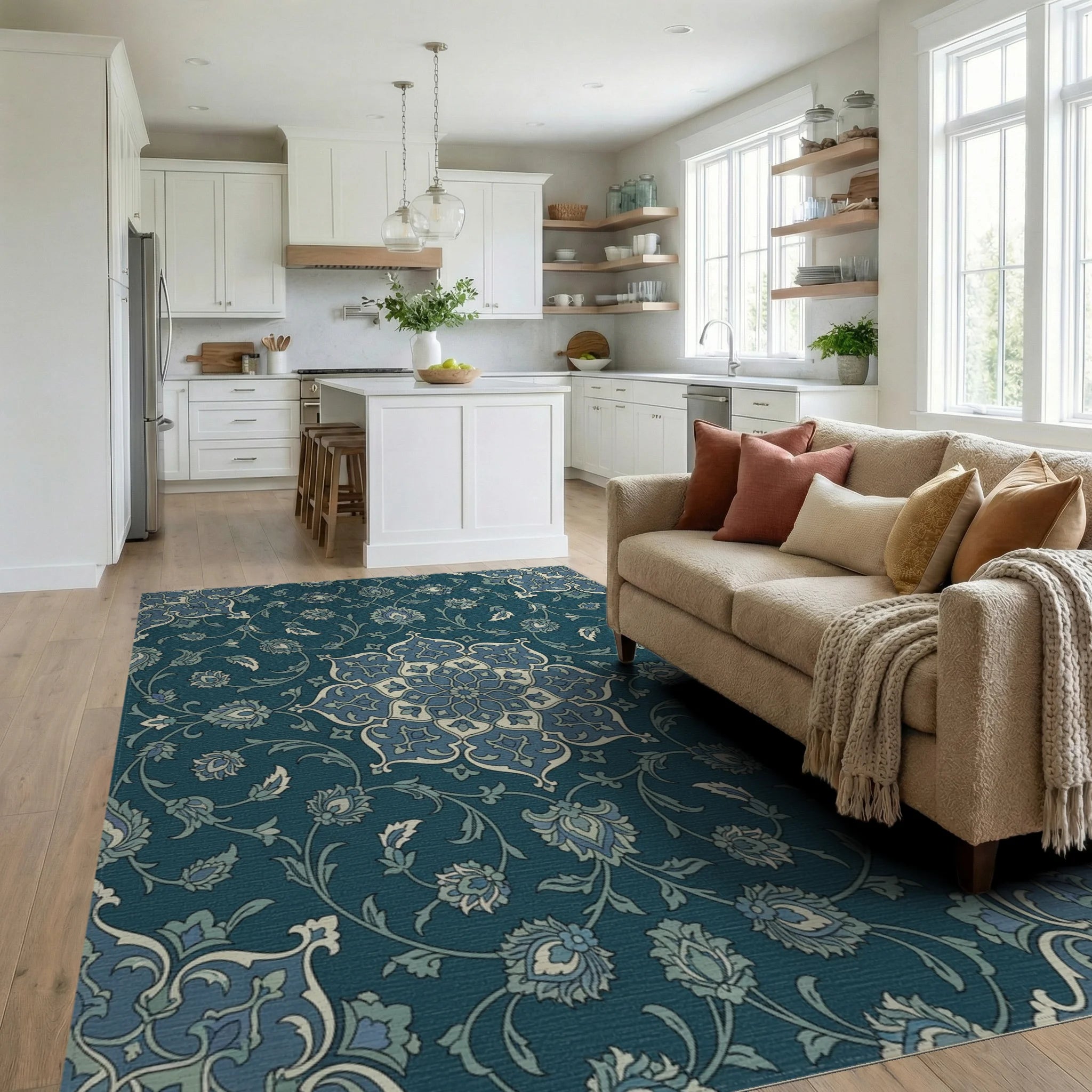Deep Blue Floral Medallion Mandala Rug Living Room View
