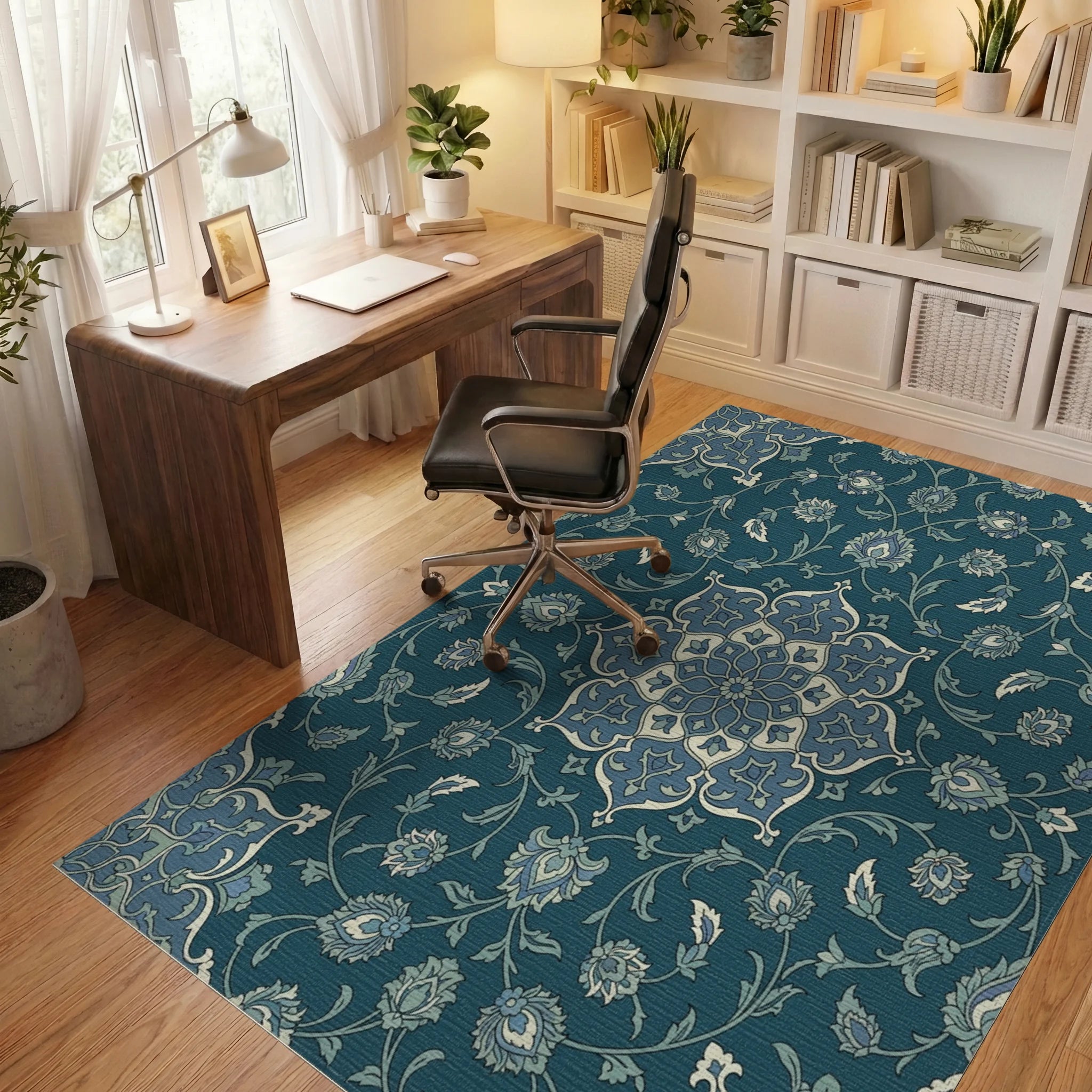 Deep Blue Floral Medallion Mandala Rug Office View