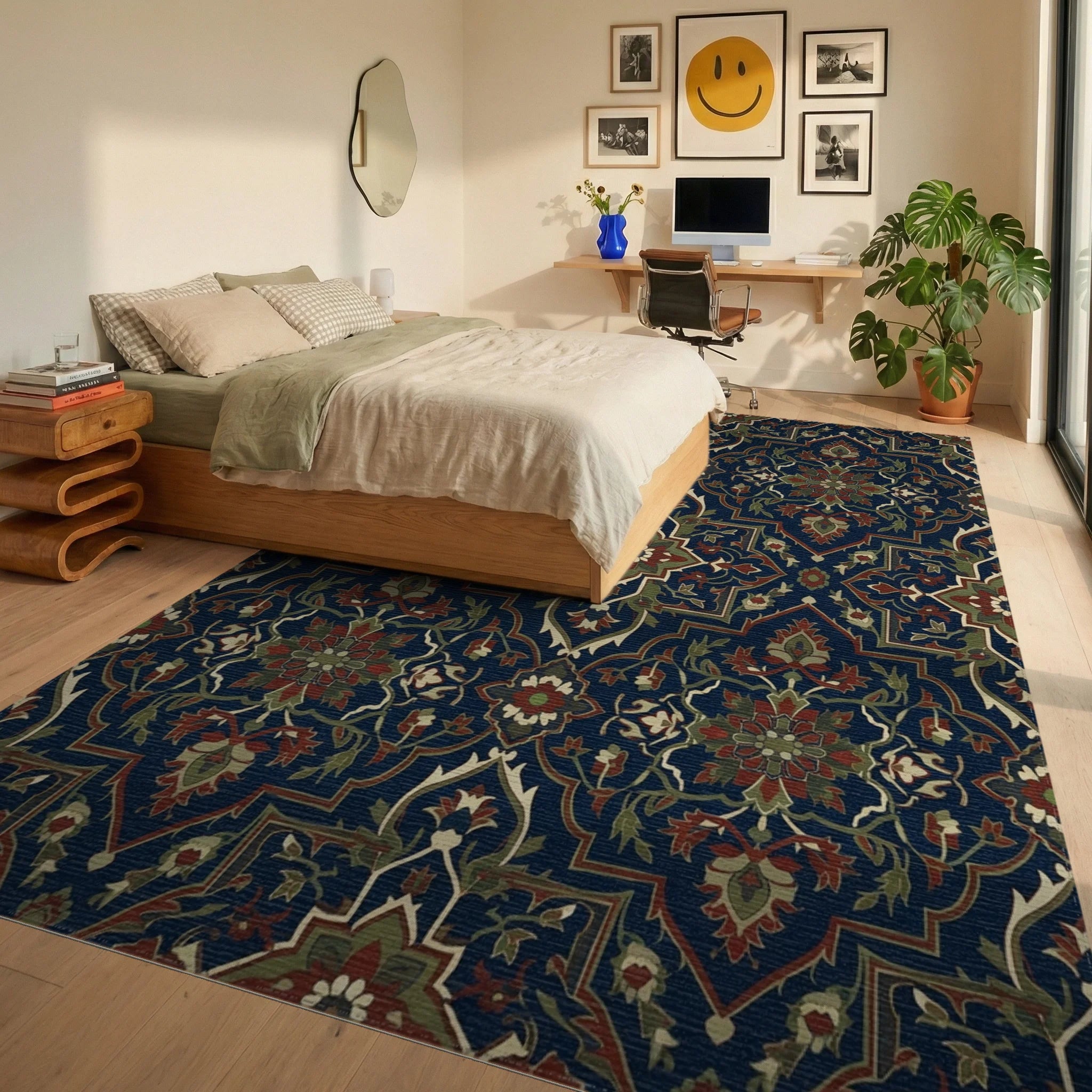 Deep Blue Floral Medallion Rug Bedroom View