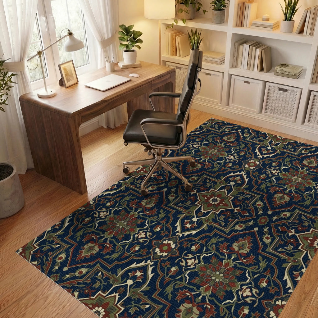 Deep Blue Floral Medallion Rug Office View