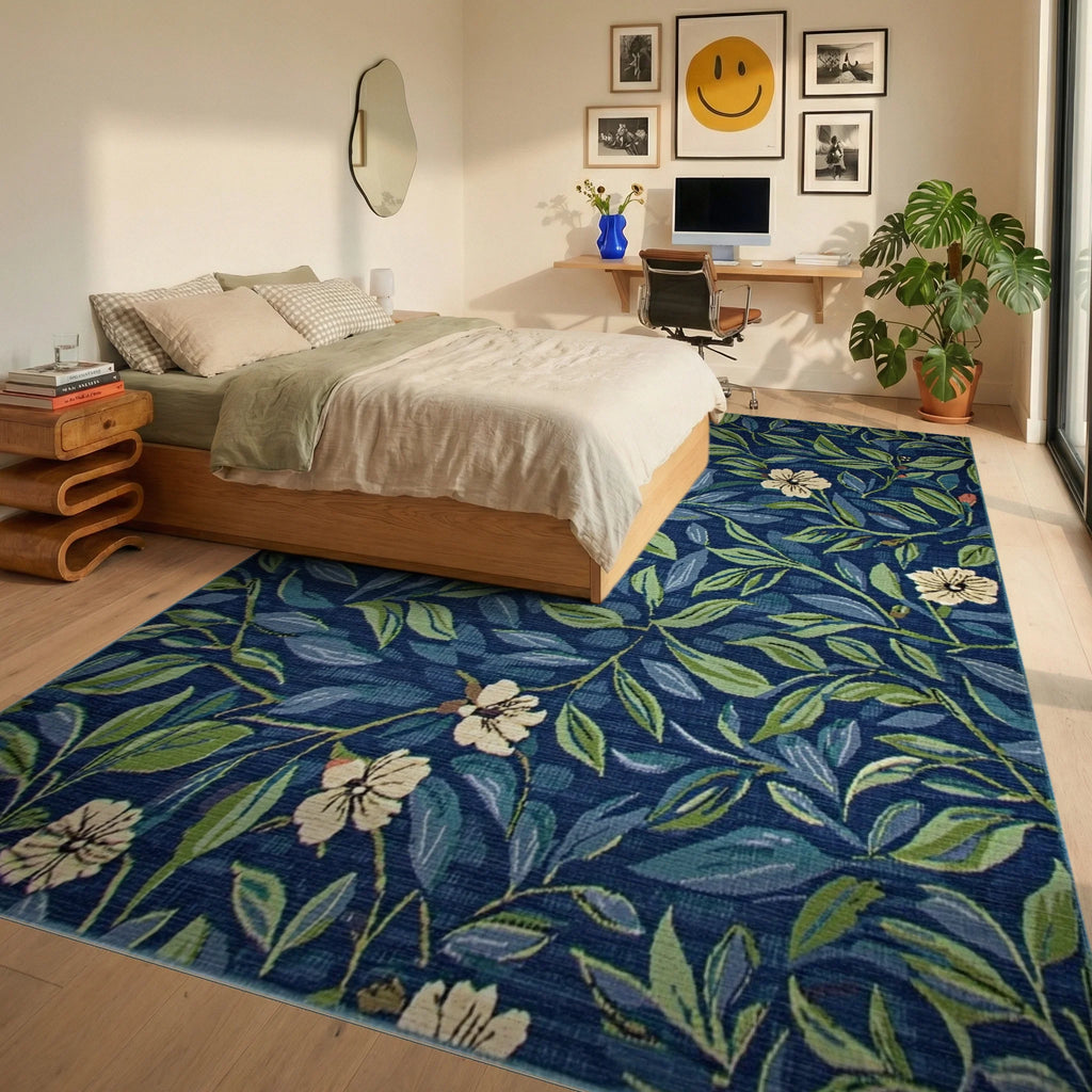 Deep Blue Floral Vine Garden Rug - Bedroom View