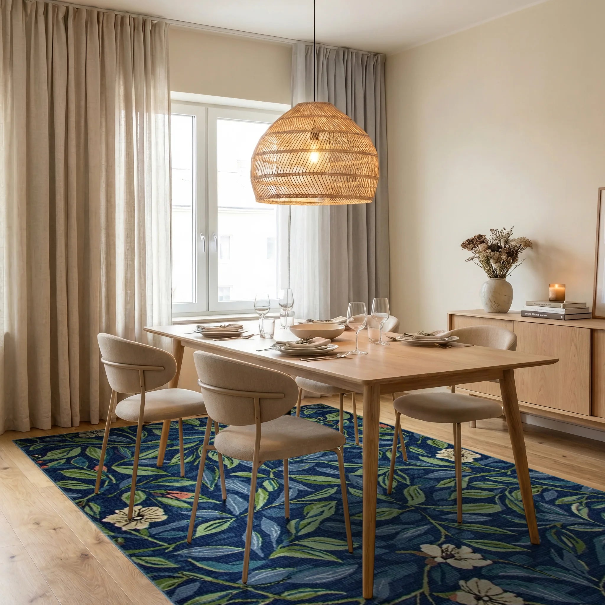 Deep Blue Floral Vine Garden Rug - Dining Room View