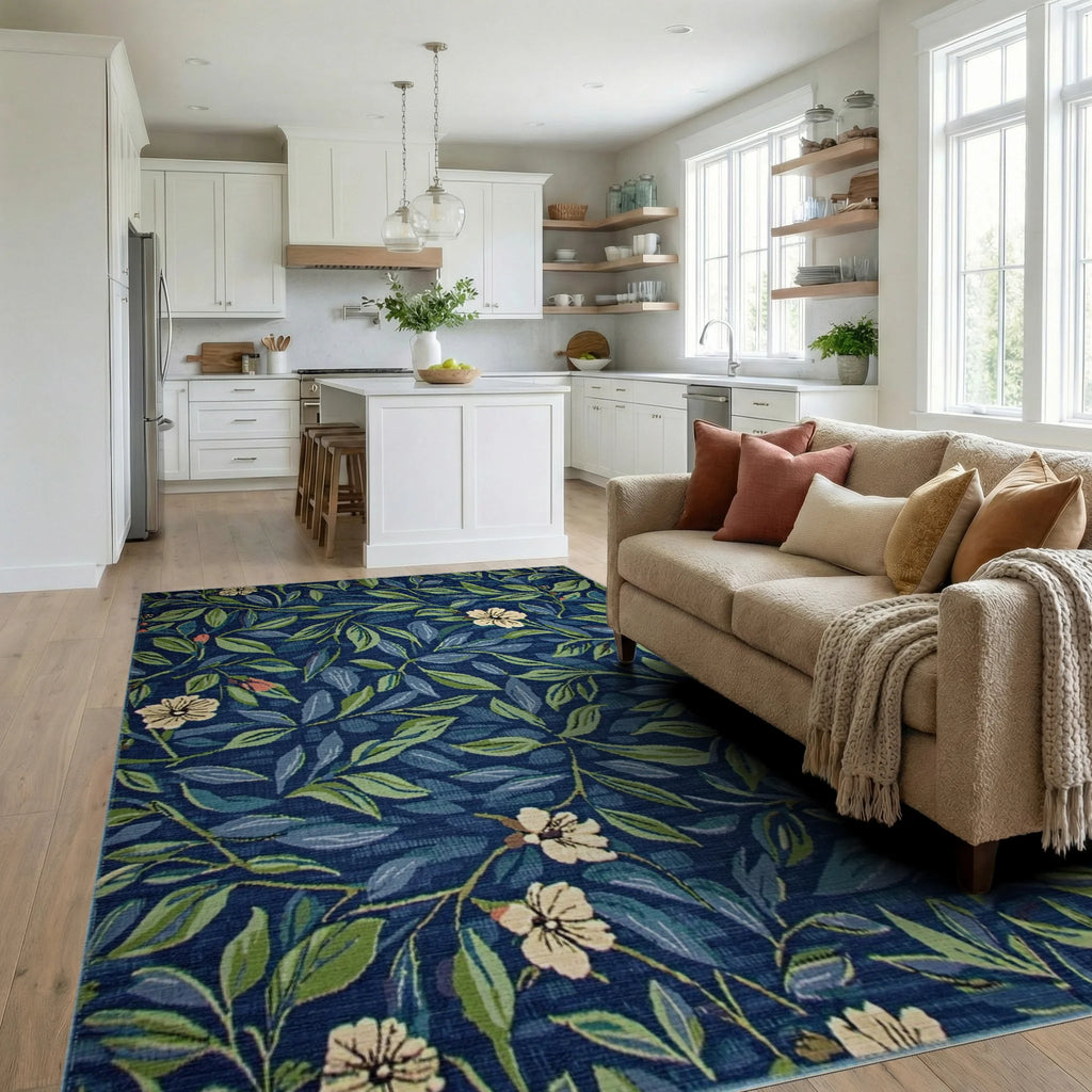 Deep Blue Floral Vine Garden Rug - Living Room View