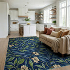 Deep Blue Floral Vine Garden Rug - Living Room View