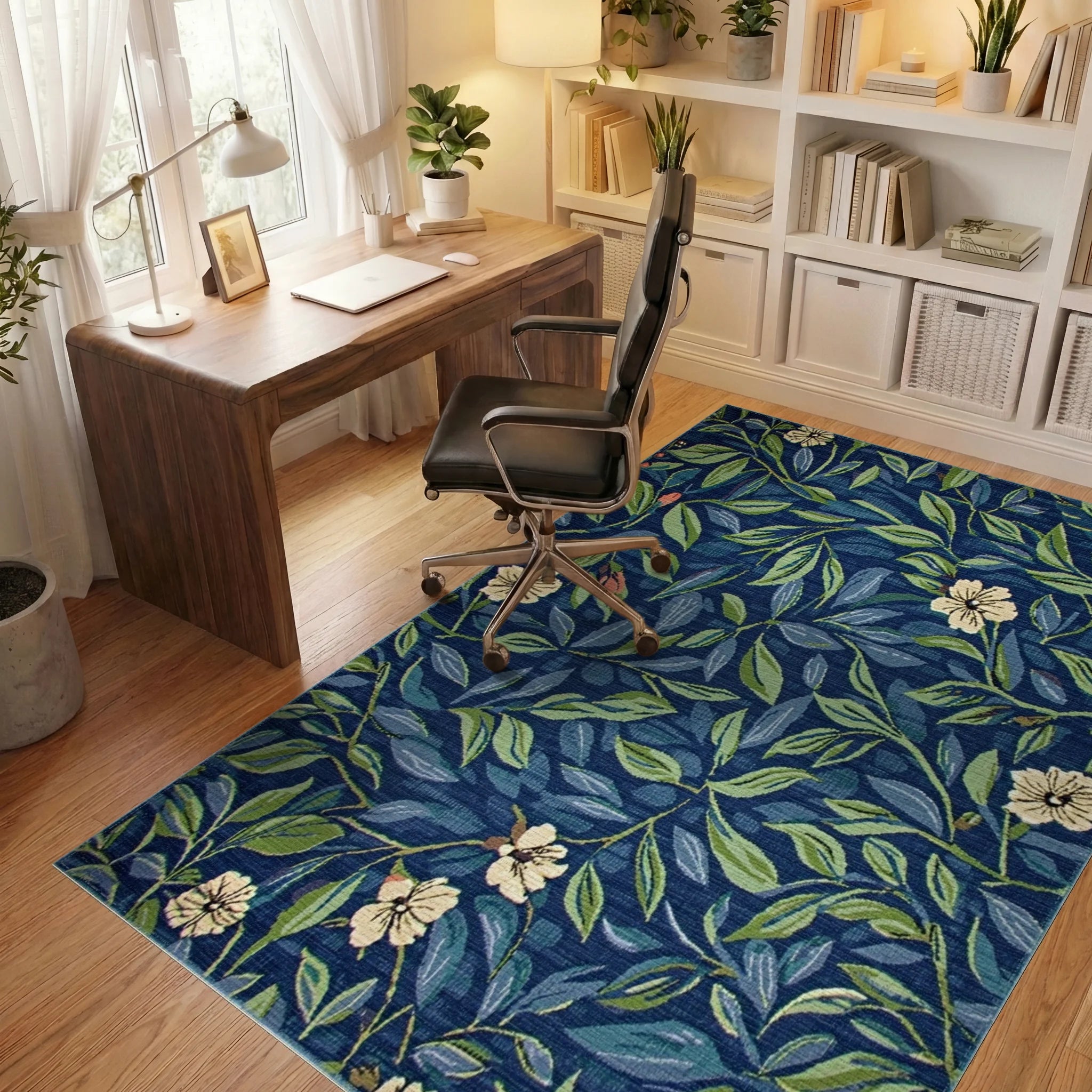 Deep Blue Floral Vine Garden Rug - Office View