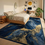 Deep Blue Gold Agate Abstract Rug - Bedroom View