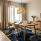 Deep Blue Gold Agate Abstract Rug - Dining Room View