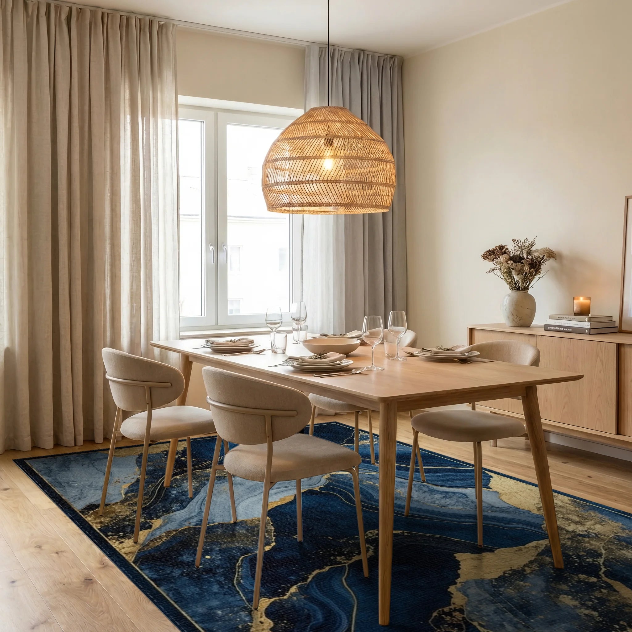 Deep Blue Gold Agate Abstract Rug - Dining Room View
