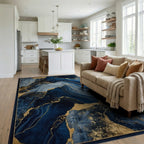 Deep Blue Gold Agate Abstract Rug - Living Room View