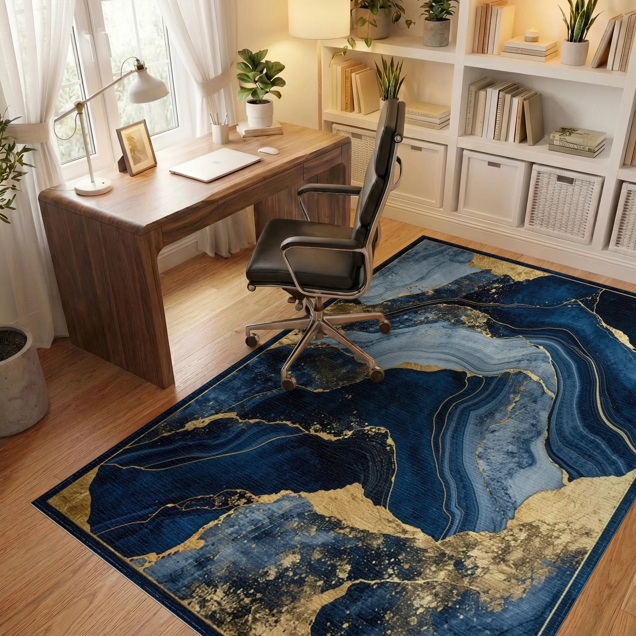 Deep Blue Gold Agate Abstract Rug - Office View