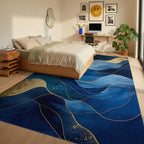Deep Blue Gold Flowing Waves Rug - Bedroom View