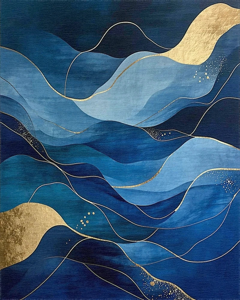 Deep Blue Gold Flowing Waves Rug - Cutout View