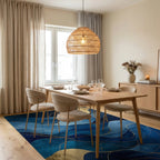 Deep Blue Gold Flowing Waves Rug - Dining Room View