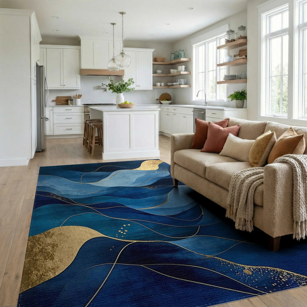 Deep Blue Gold Flowing Waves Rug - Living Room View
