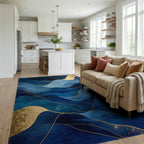 Deep Blue Gold Flowing Waves Rug - Living Room View