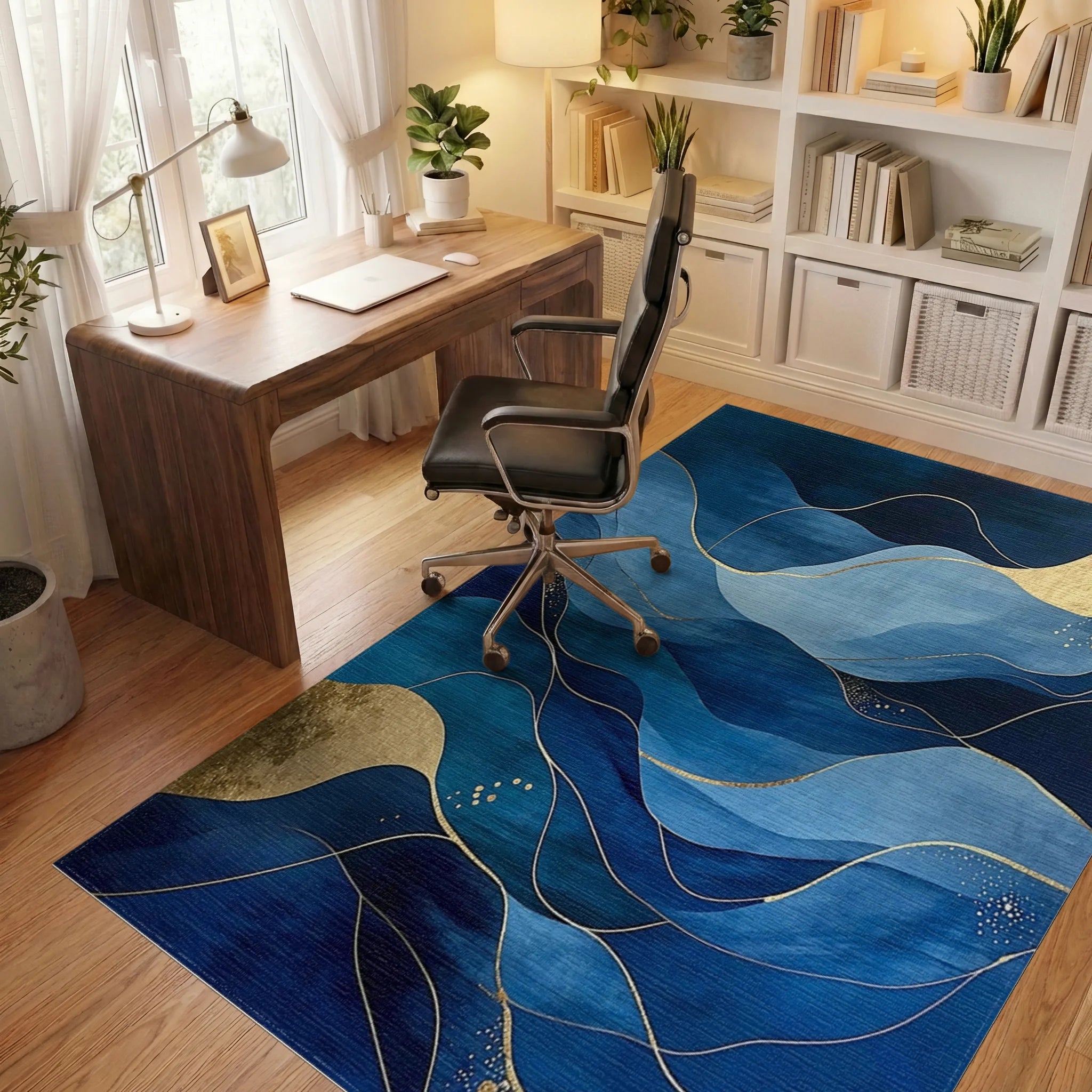 Deep Blue Gold Flowing Waves Rug - Office View