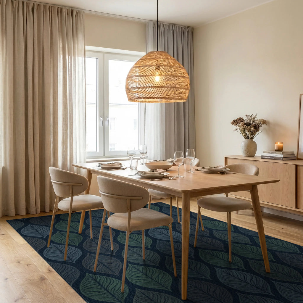 Deep Blue Green Leafy Repeats Rug Dining Room View