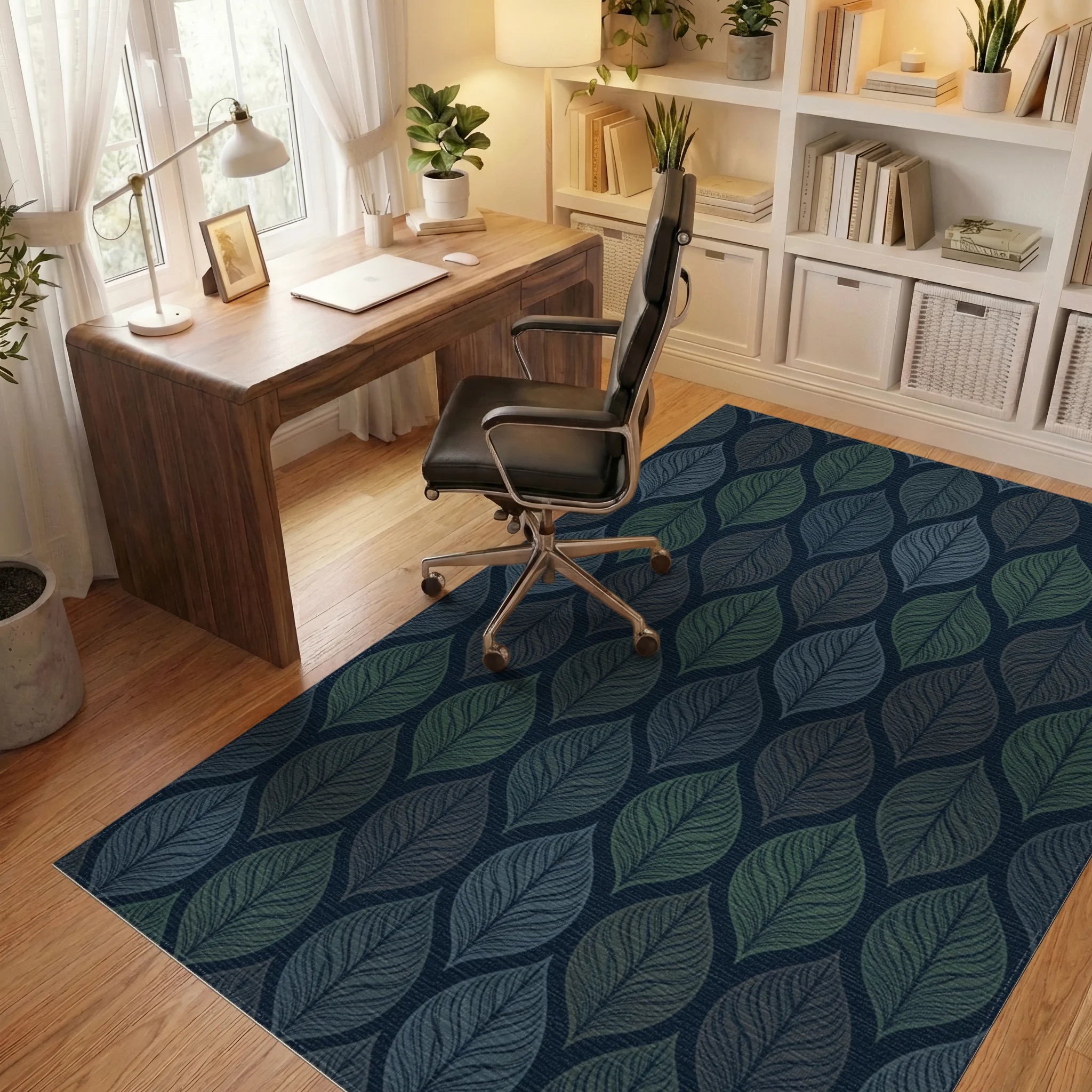 Deep Blue Green Leafy Repeats Rug Office View