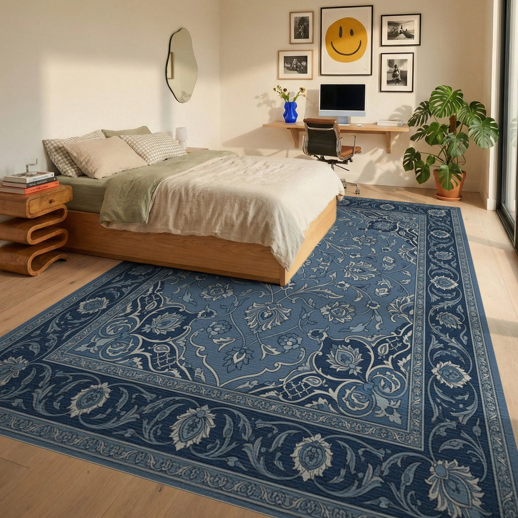 Deep Blue Intricate Floral Border Rug Bedroom View