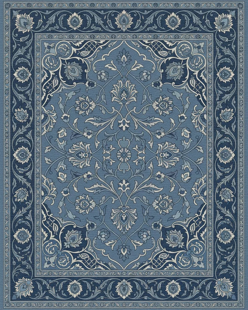 Deep Blue Intricate Floral Border Rug - Cutout View