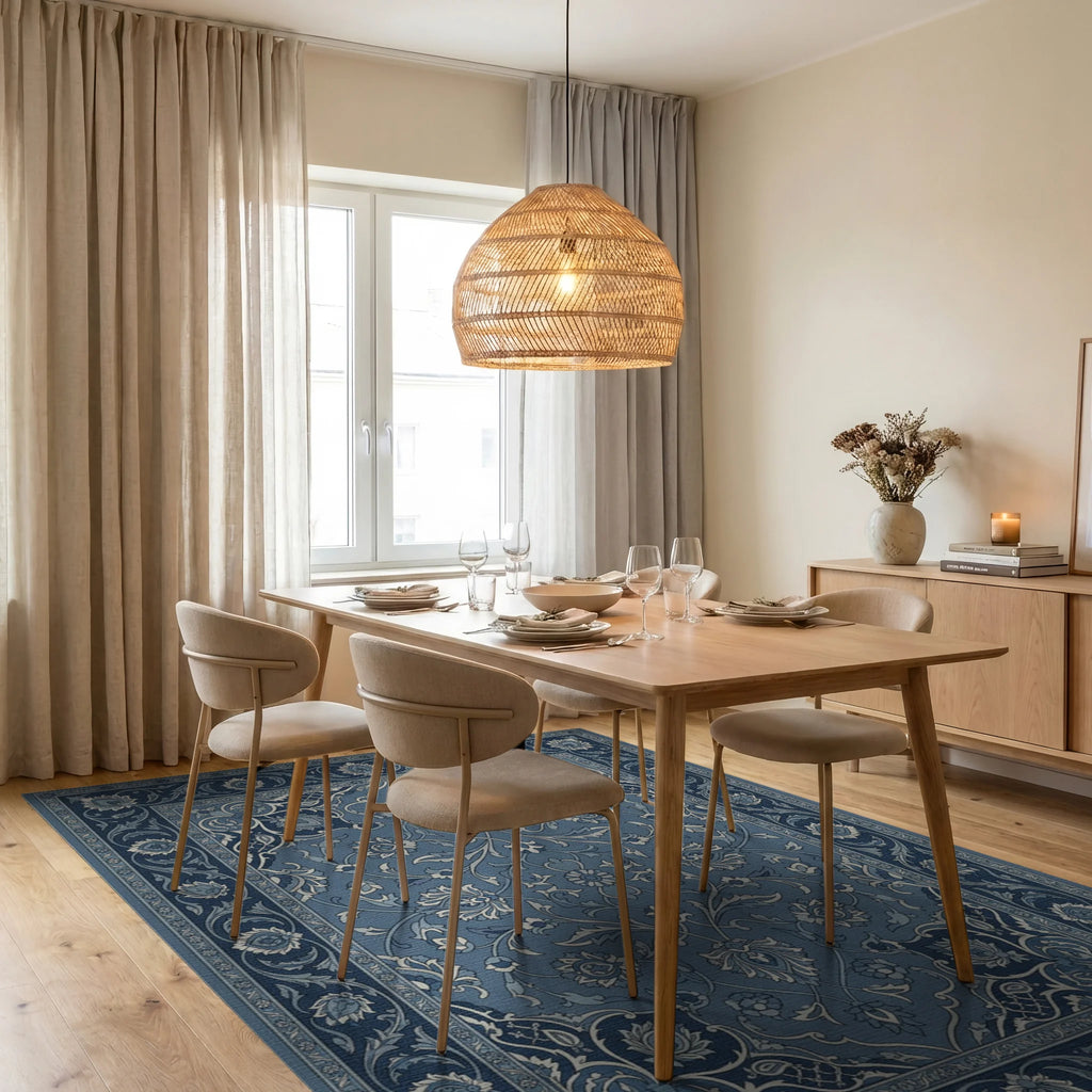 Deep Blue Intricate Floral Border Rug Dining Room View