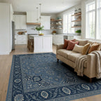Deep Blue Intricate Floral Border Rug Living Room View