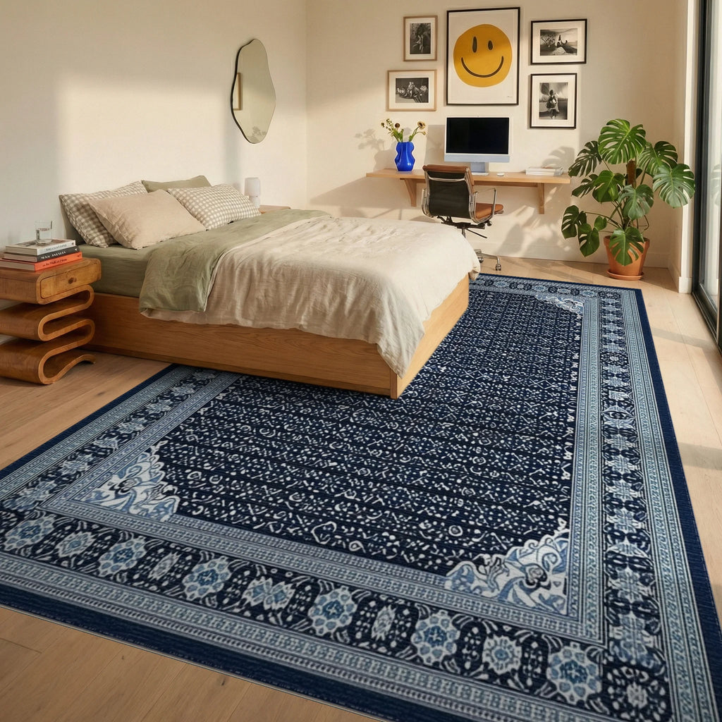 Deep Blue Intricate Geometric Border Rug - Bedroom View