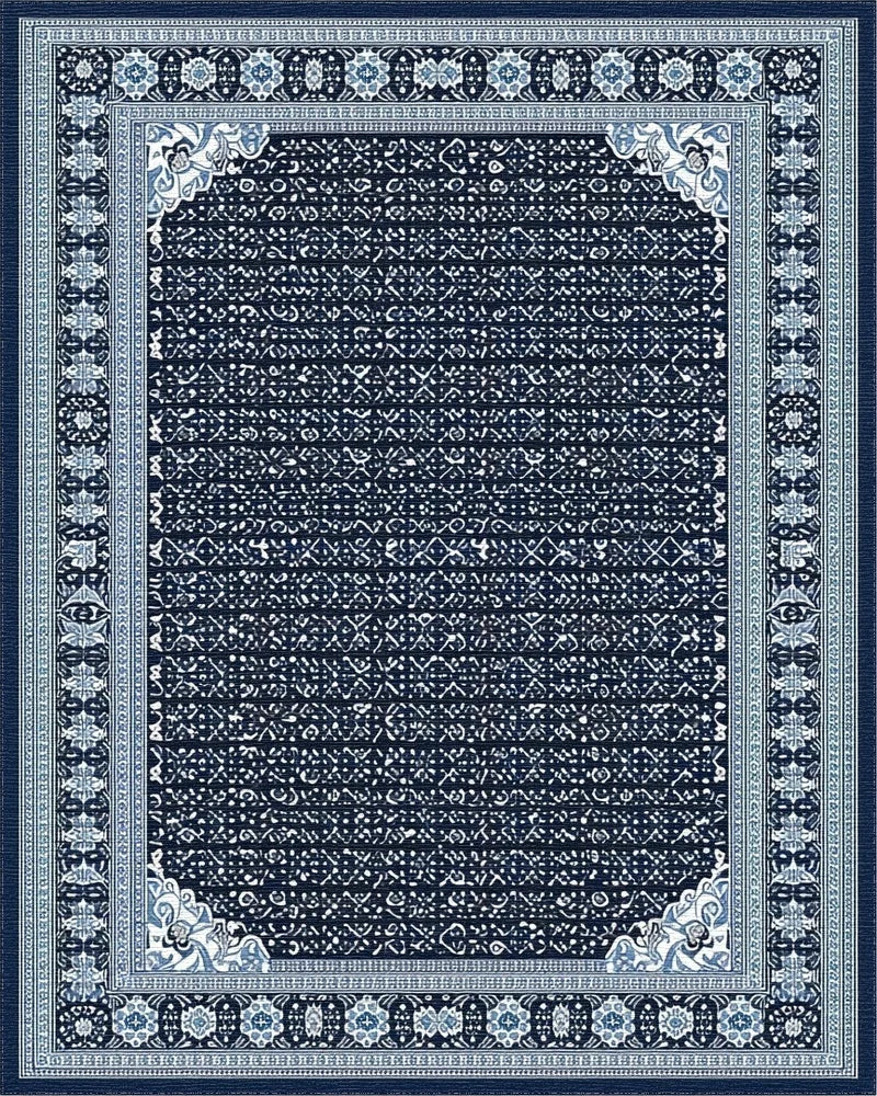 Deep Blue Intricate Geometric Border Rug - Cutout View