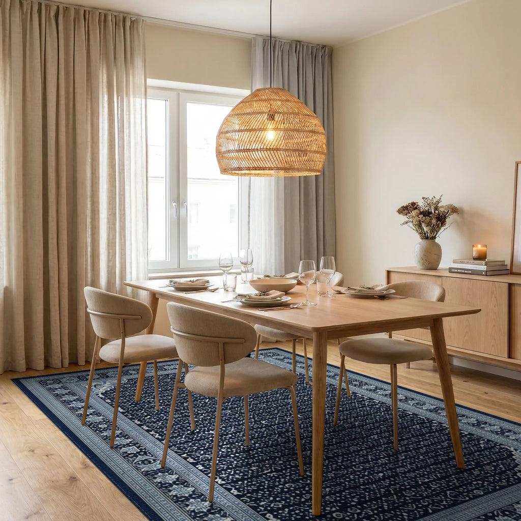 Deep Blue Intricate Geometric Border Rug - Dining Room View