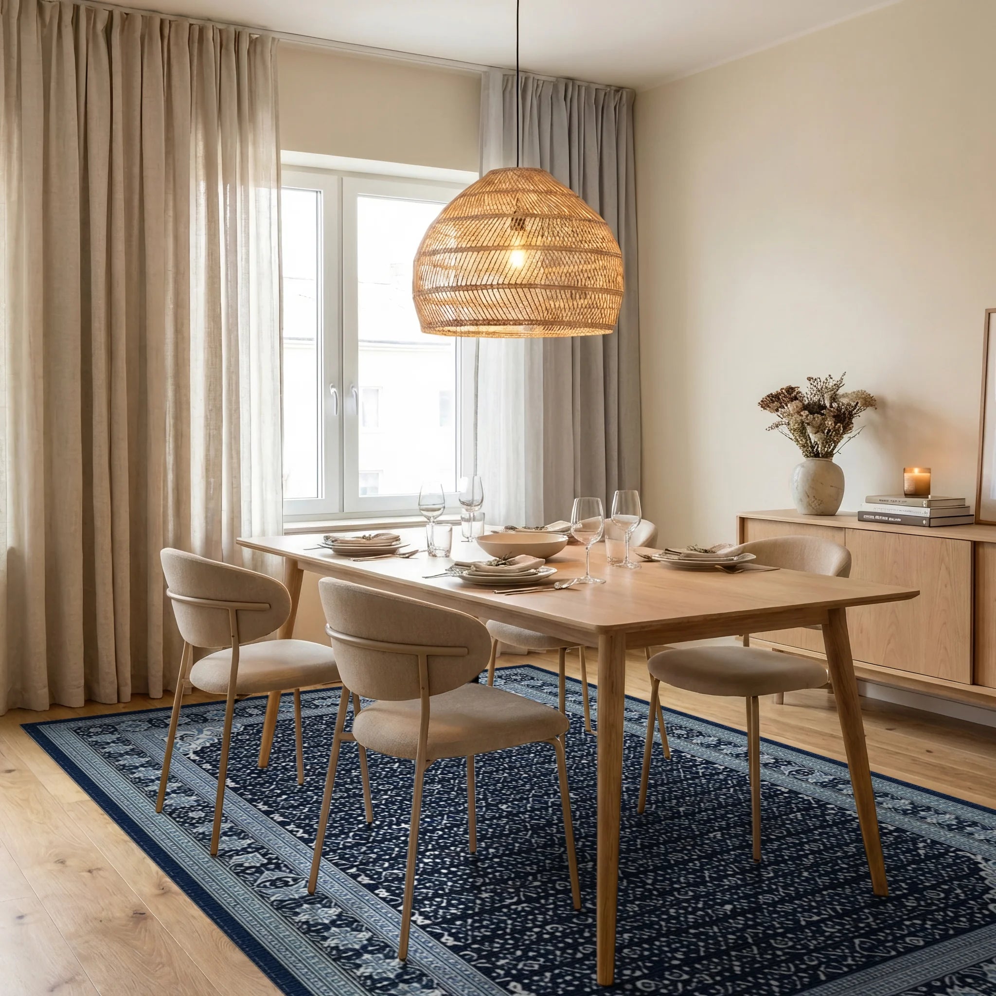 Deep Blue Intricate Geometric Border Rug - Dining Room View