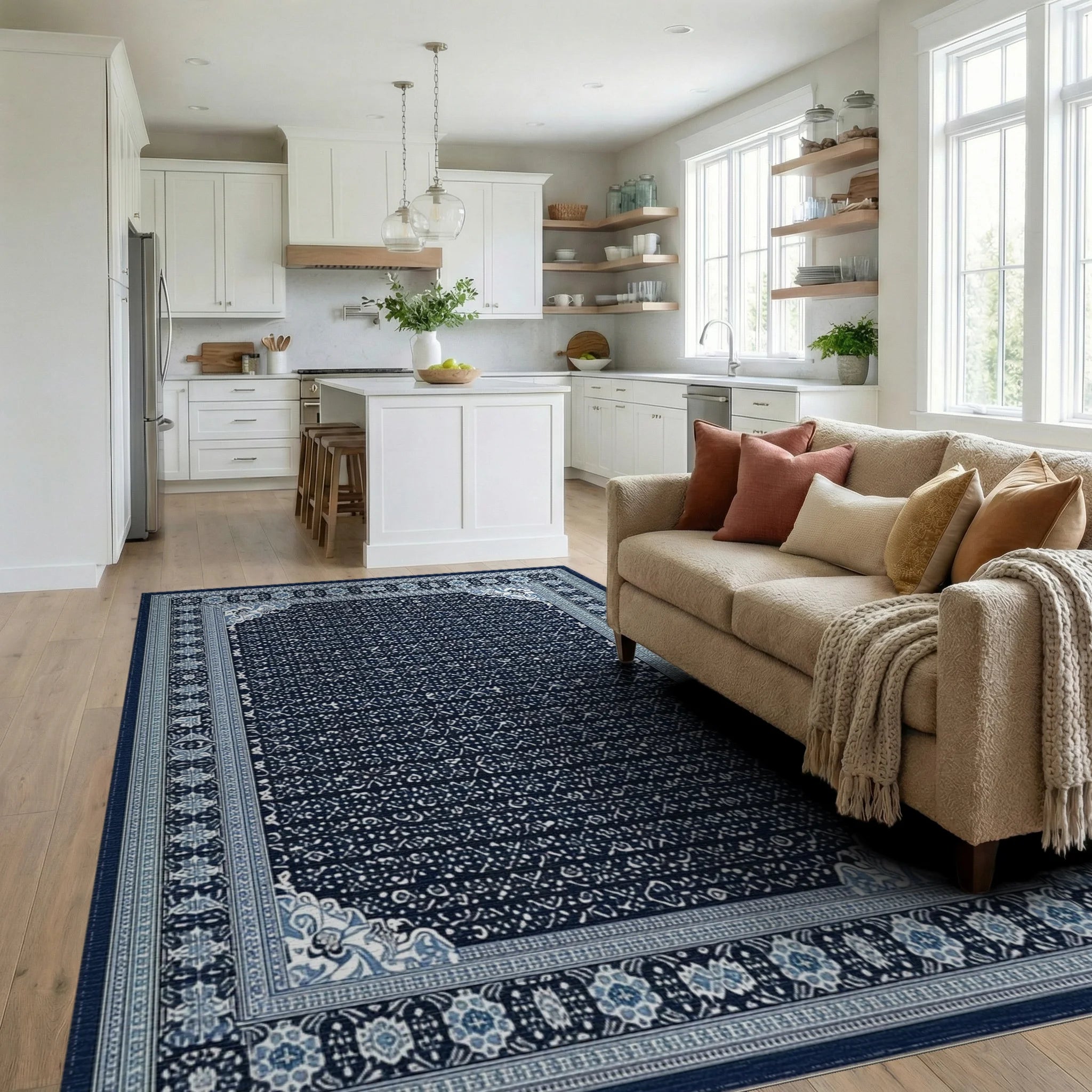 Deep Blue Intricate Geometric Border Rug - Living Room View
