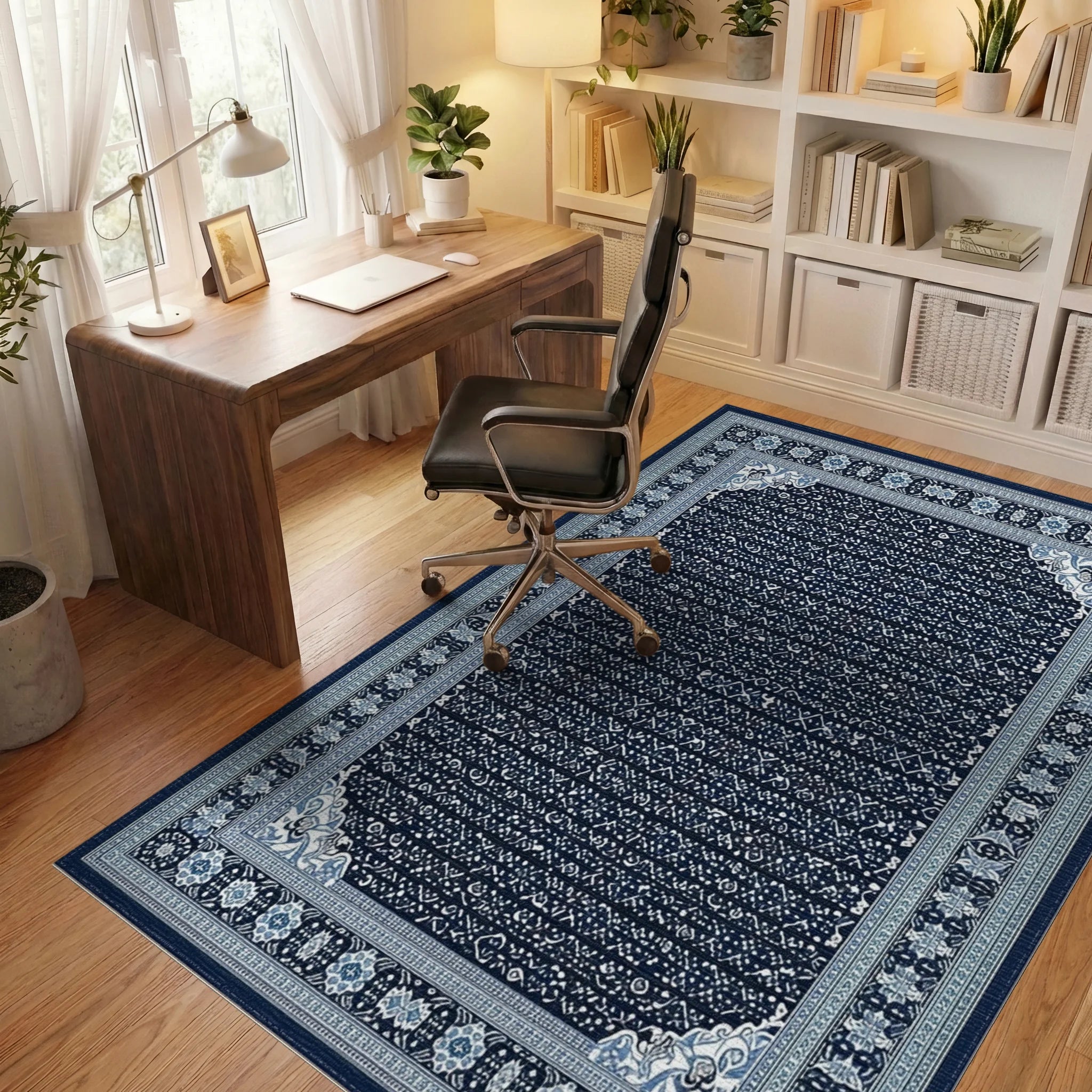 Deep Blue Intricate Geometric Border Rug - Office View