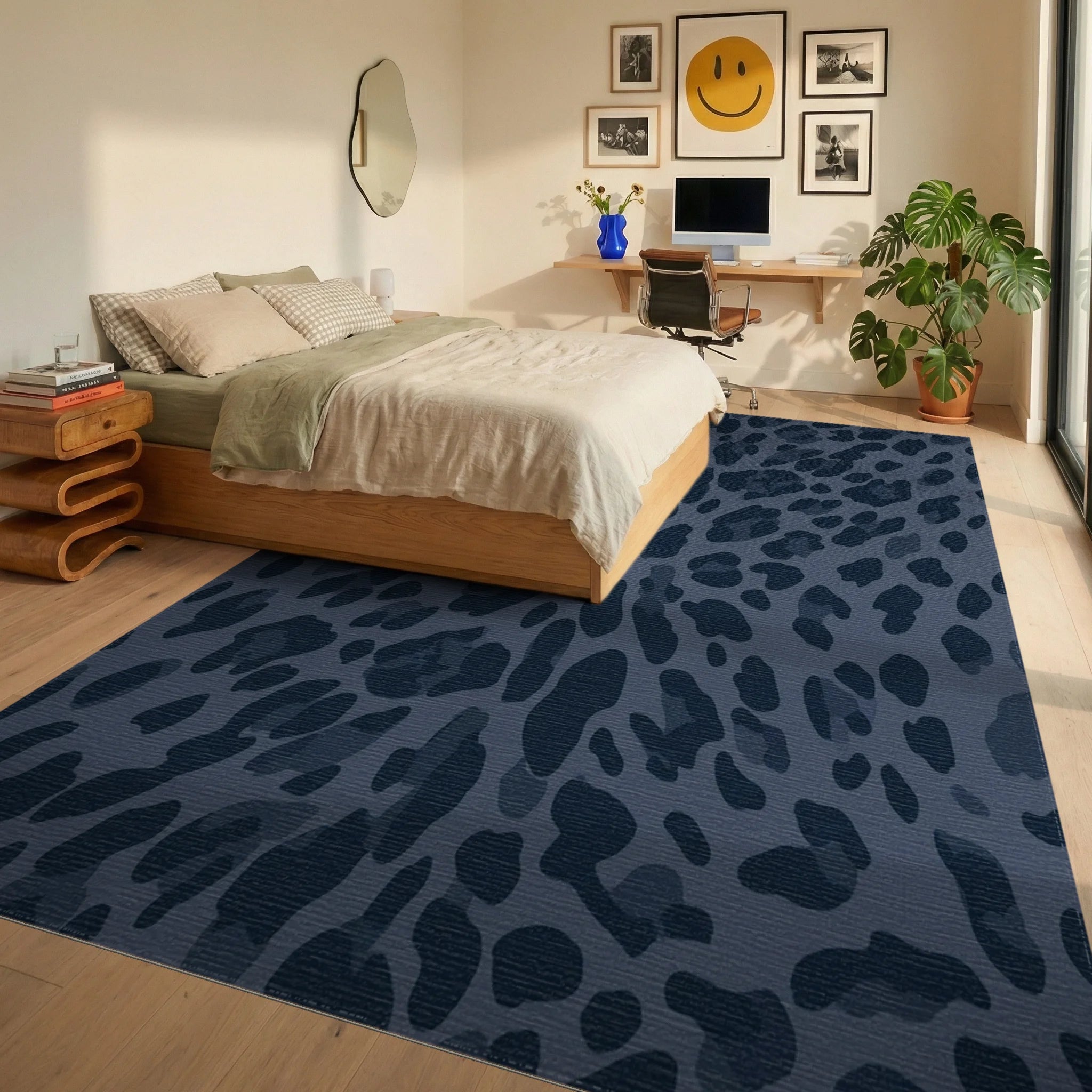Deep Blue Leopard Spots Repeating Rug Bedroom View