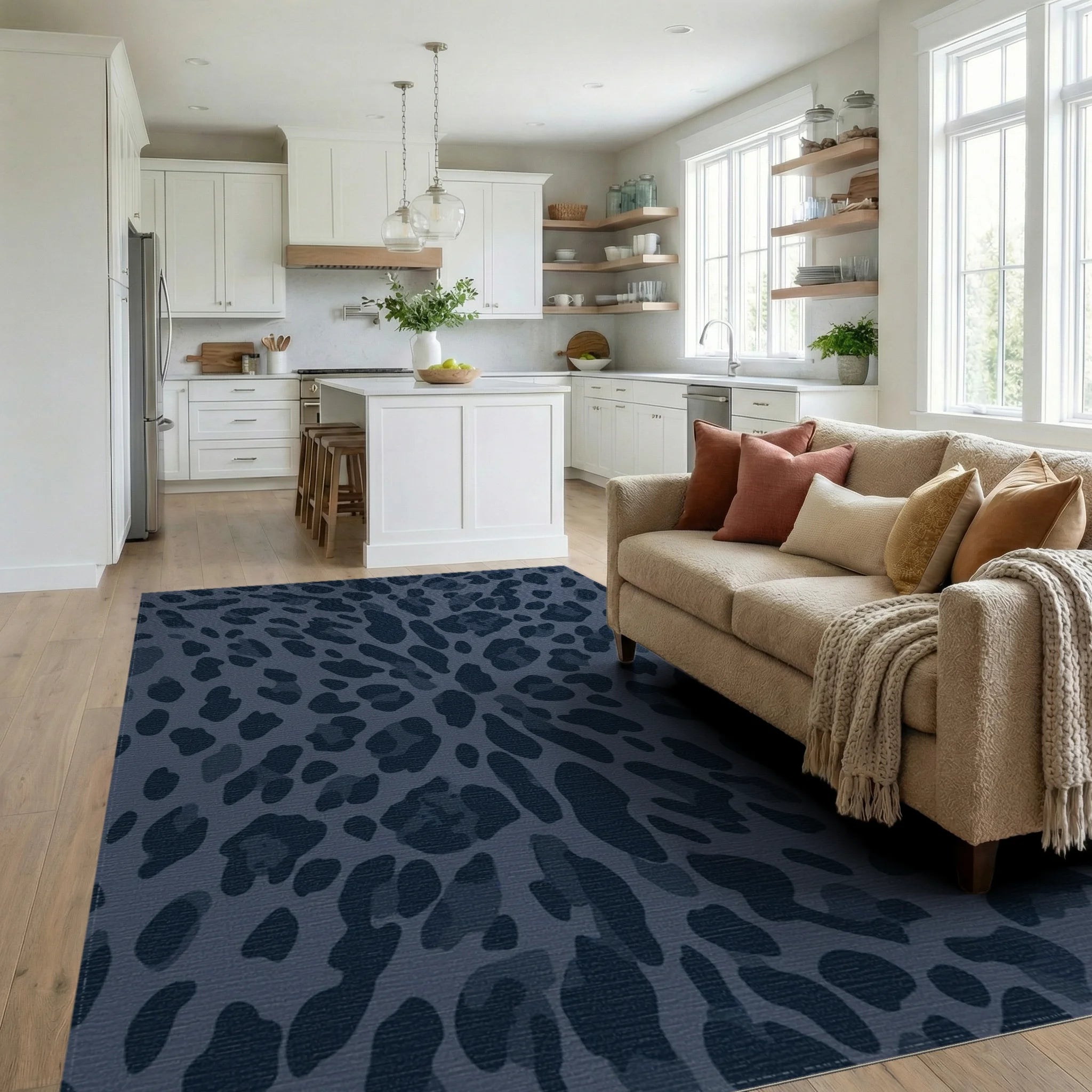 Deep Blue Leopard Spots Repeating Rug Living Room View