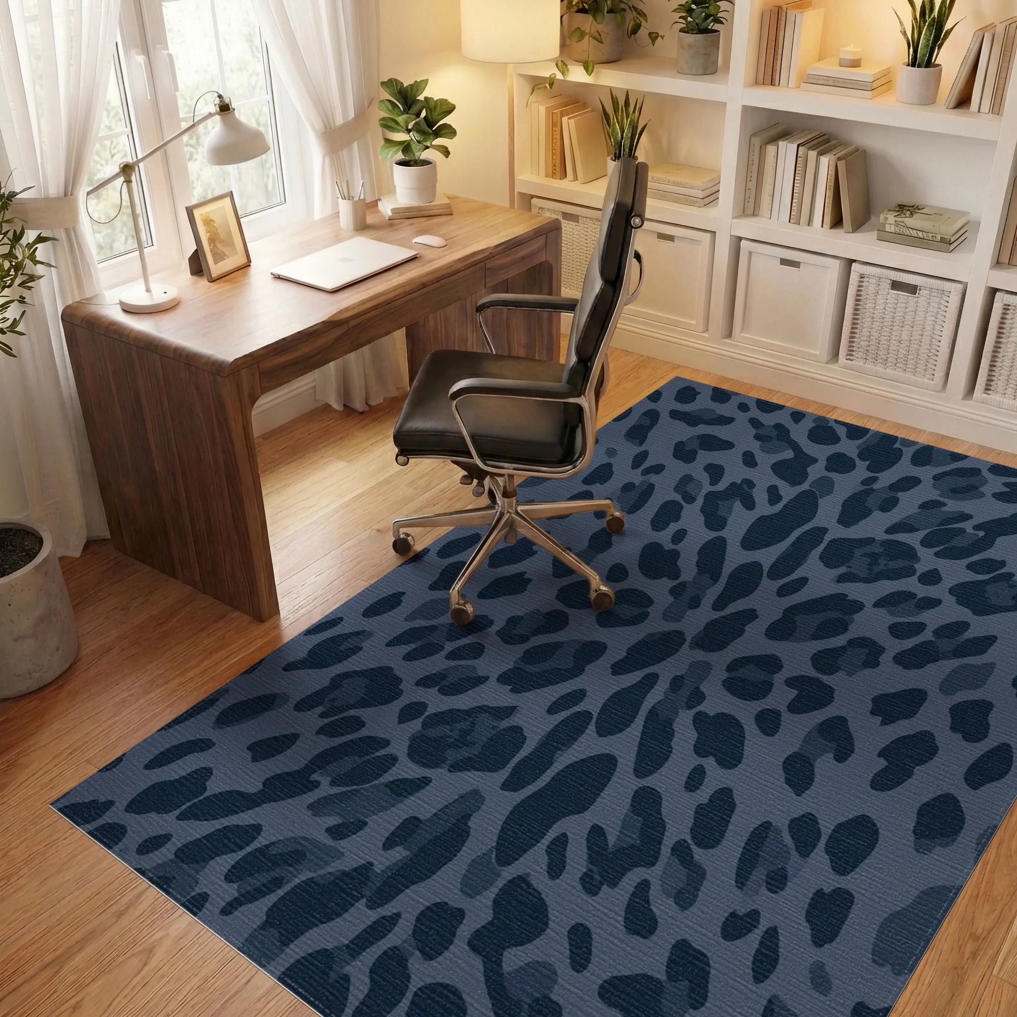 Deep Blue Leopard Spots Repeating Rug Office View