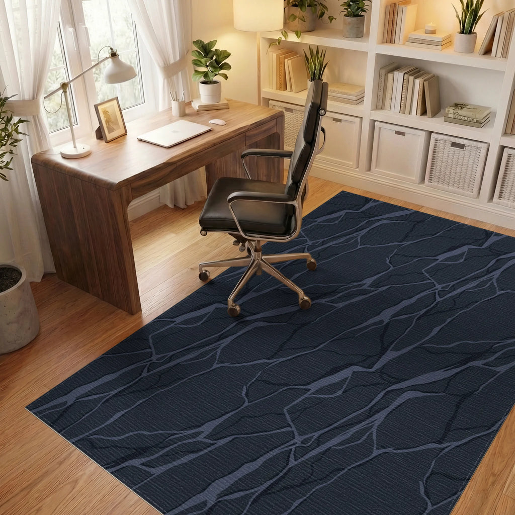 Deep Blue Marble Vein Rug Office View