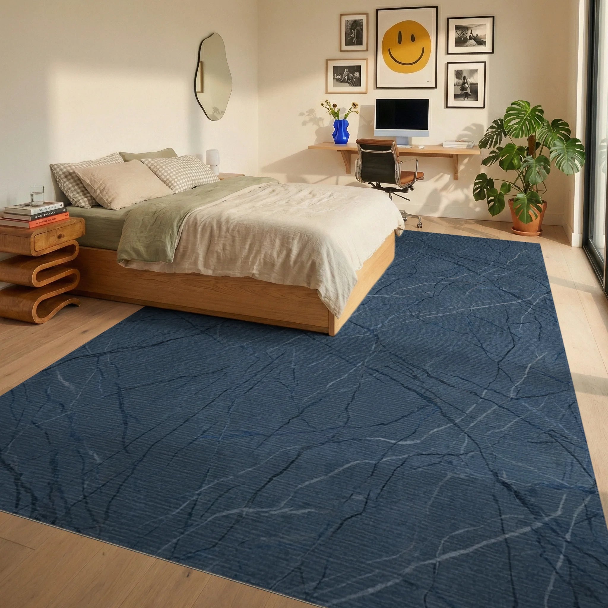 Deep Blue Marble Veined Texture Rug Bedroom View