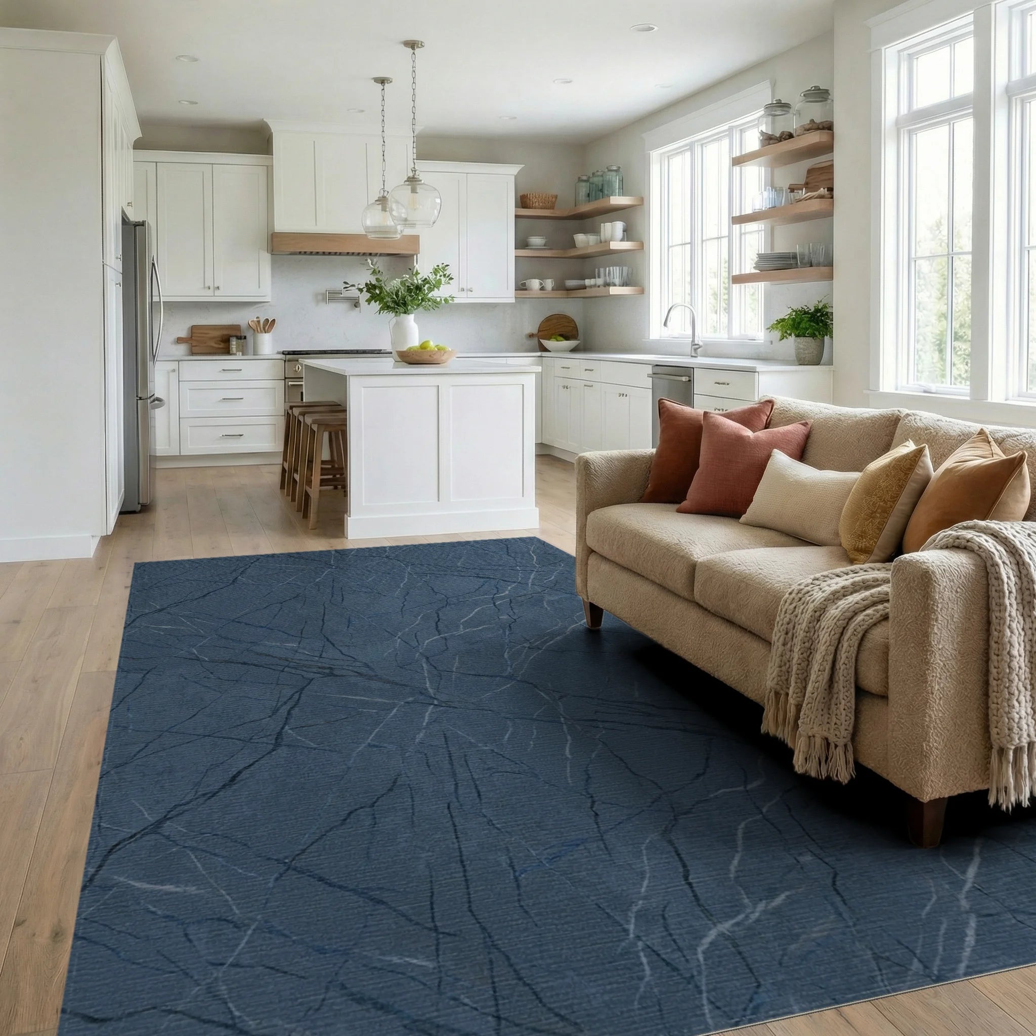 Deep Blue Marble Veined Texture Rug Living Room View