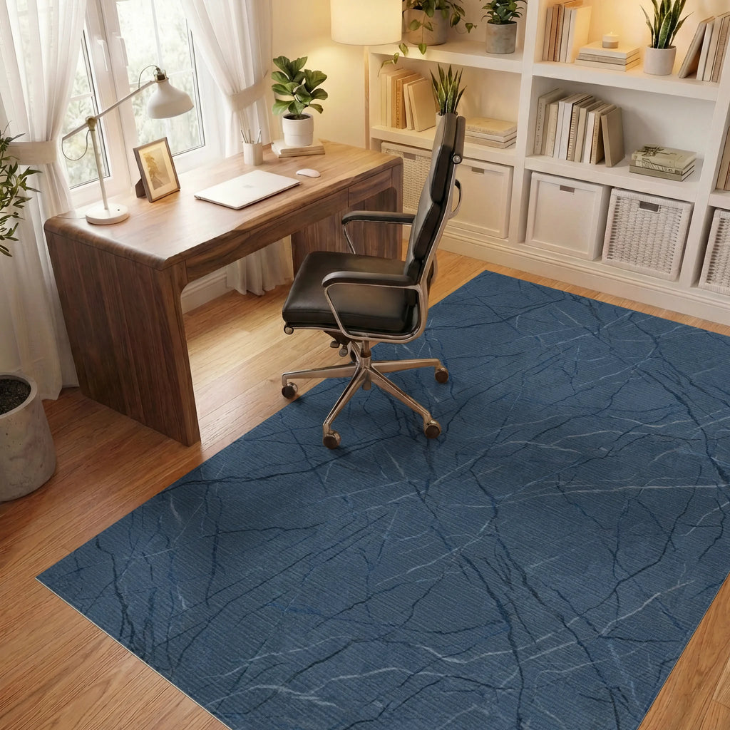 Deep Blue Marble Veined Texture Rug Office View