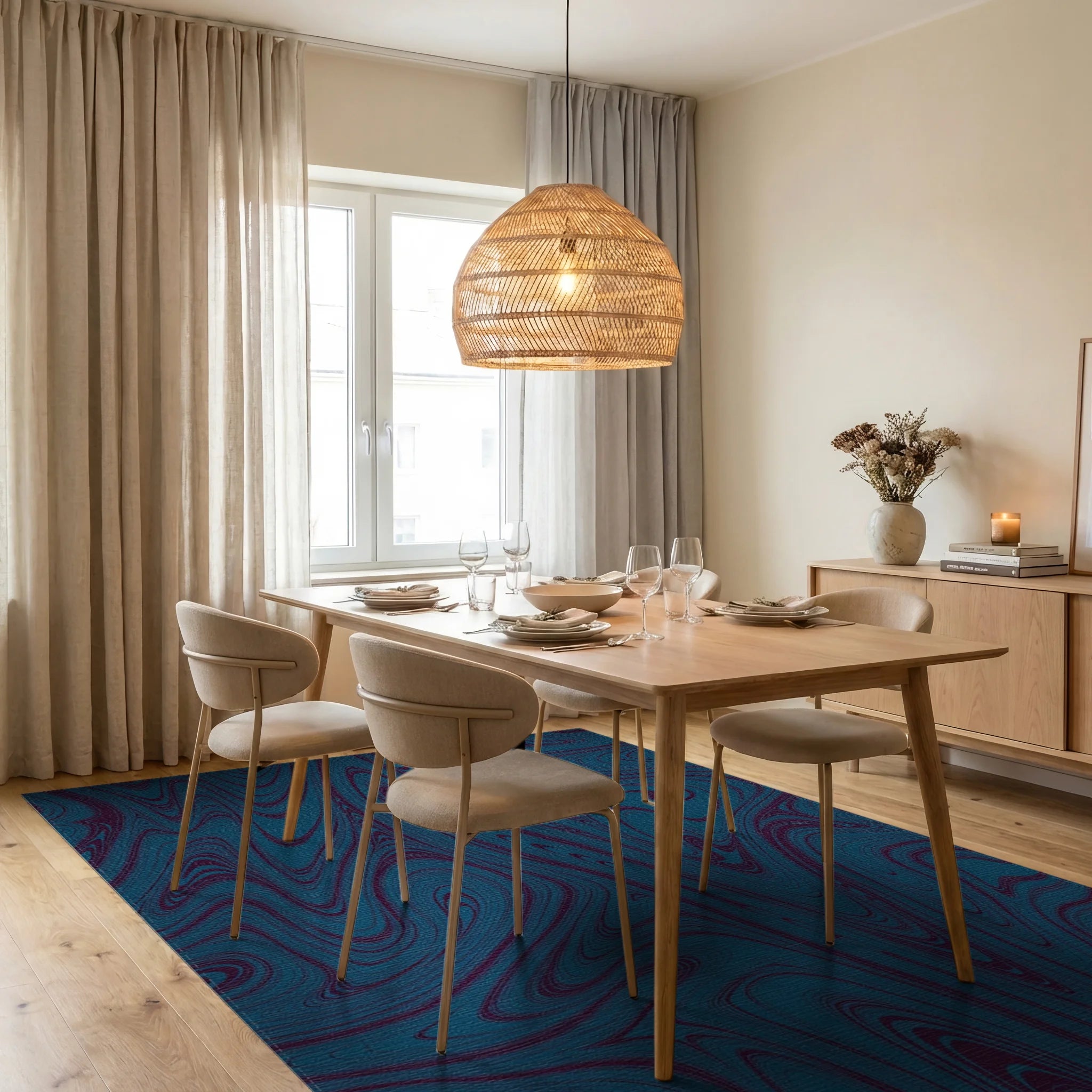 Deep Blue Marbled Flow Pattern Rug Dining Room View