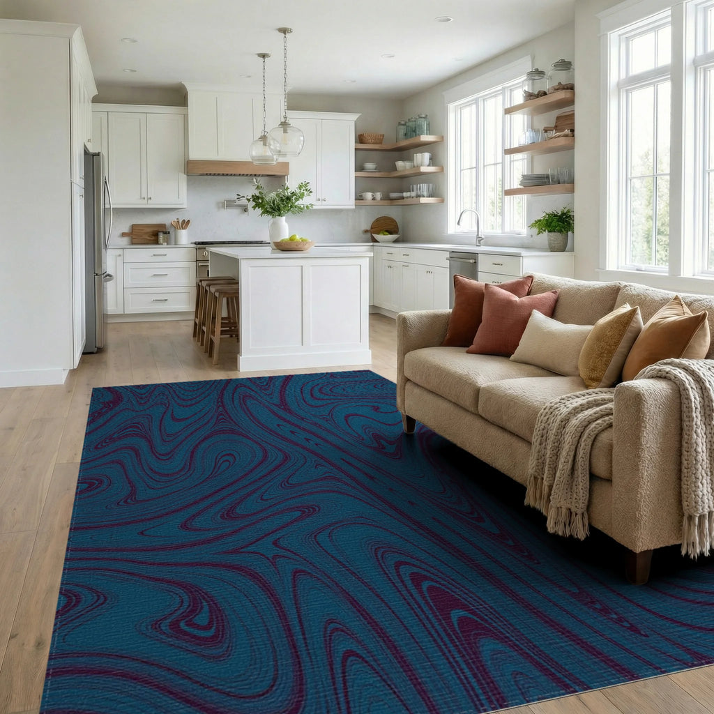 Deep Blue Marbled Flow Pattern Rug Living Room View