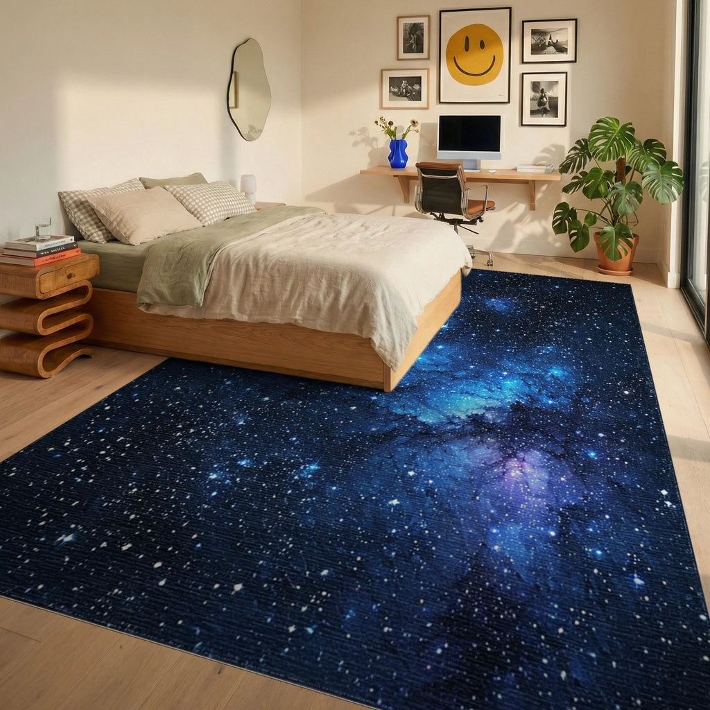 Deep Blue Nebula Starry Rug - Bedroom View