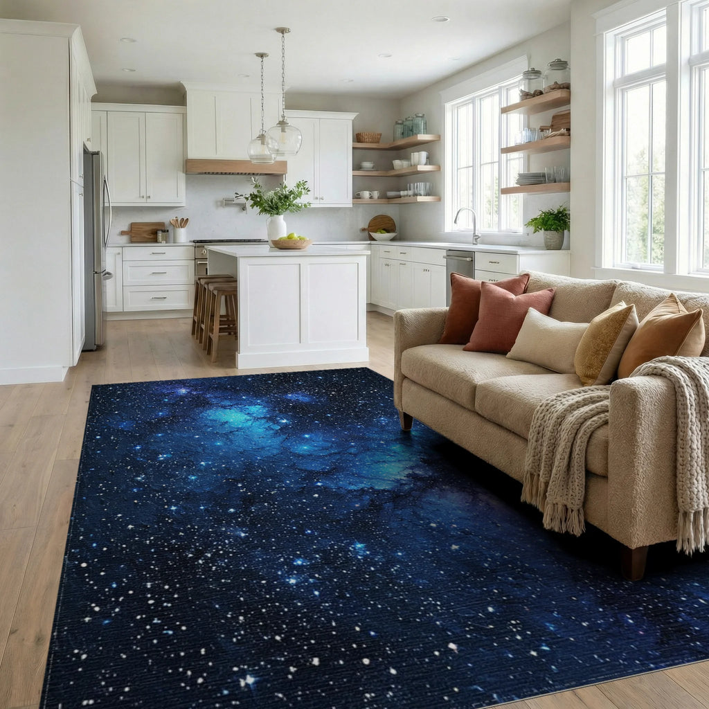 Deep Blue Nebula Starry Rug - Living Room View