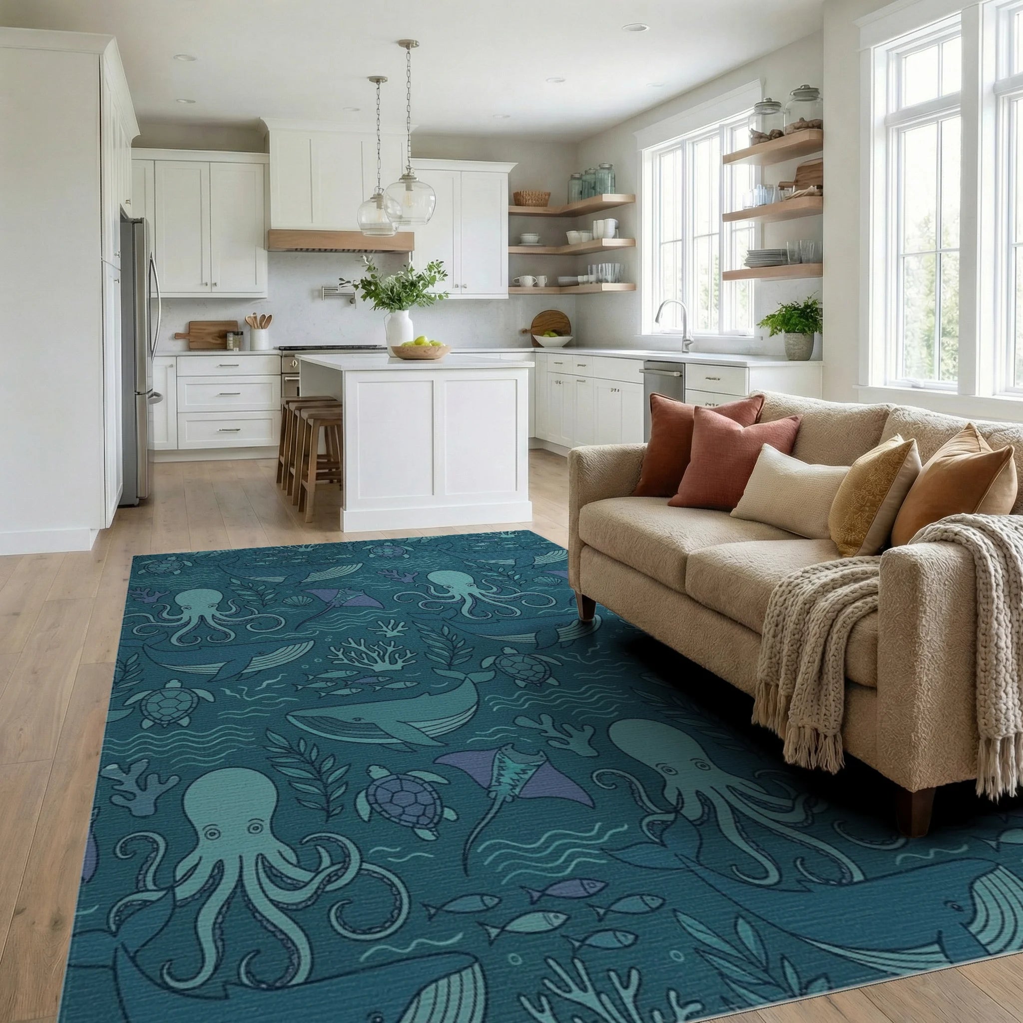 Deep Blue Ocean Marine Life Collection Rug Living Room View