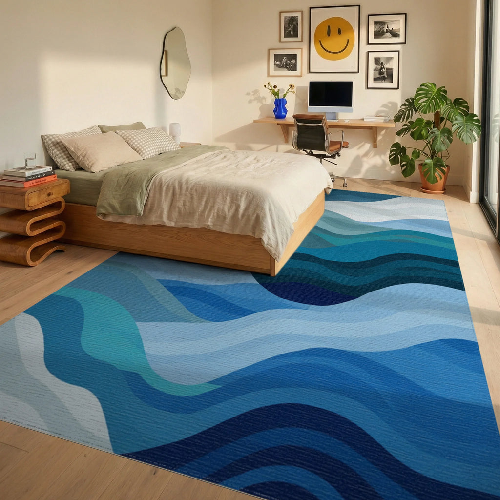 Deep Blue Ocean Wave Layers Rug Bedroom View