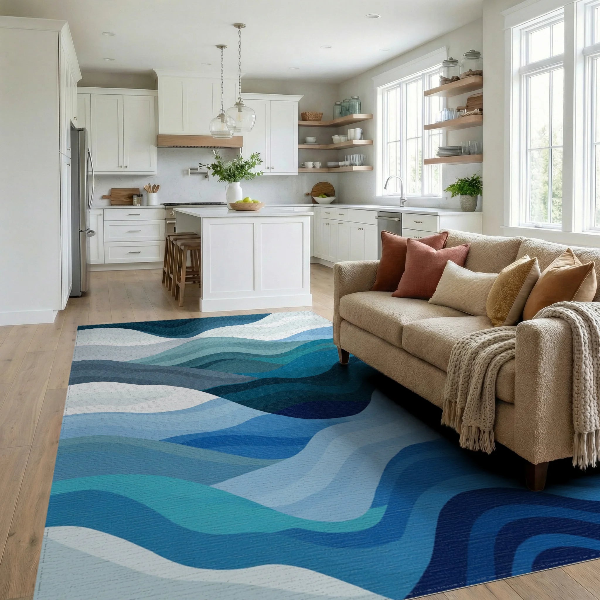 Deep Blue Ocean Wave Layers Rug Living Room View