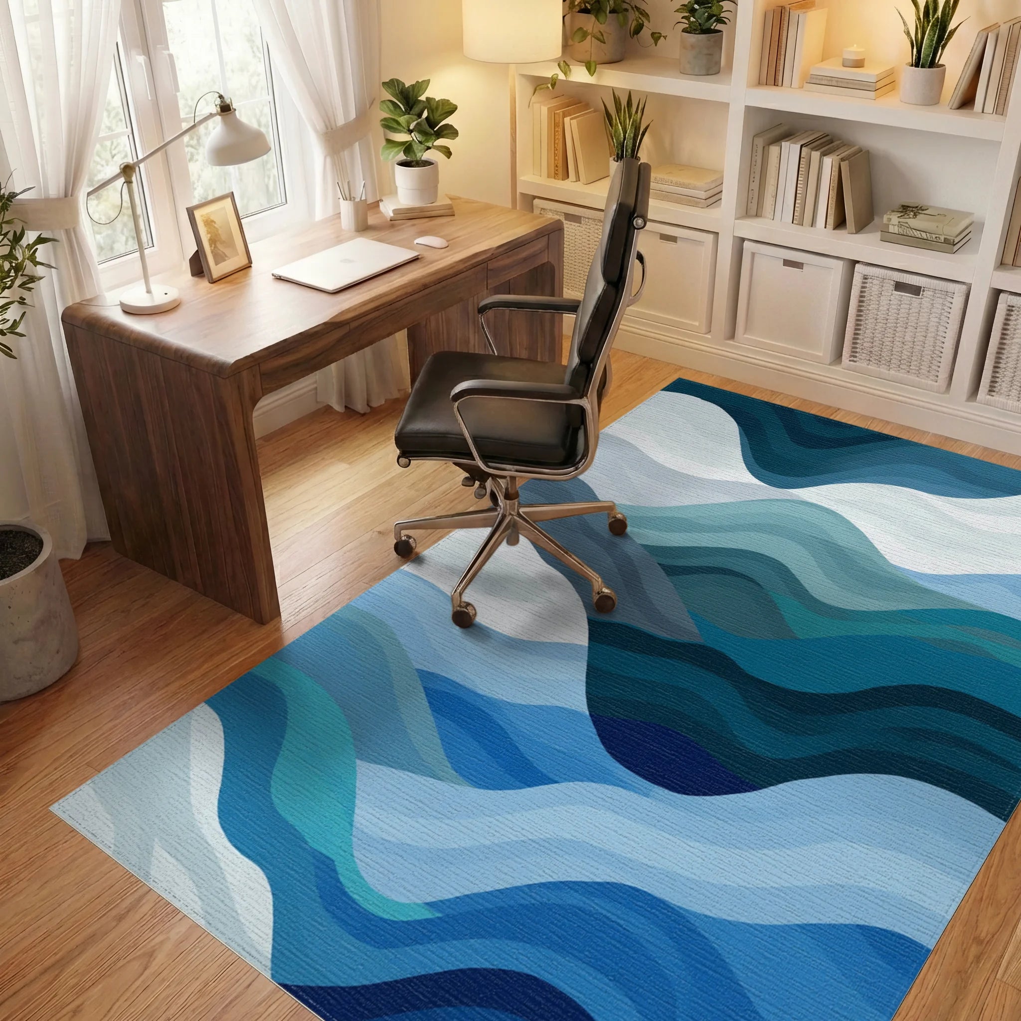 Deep Blue Ocean Wave Layers Rug Office View