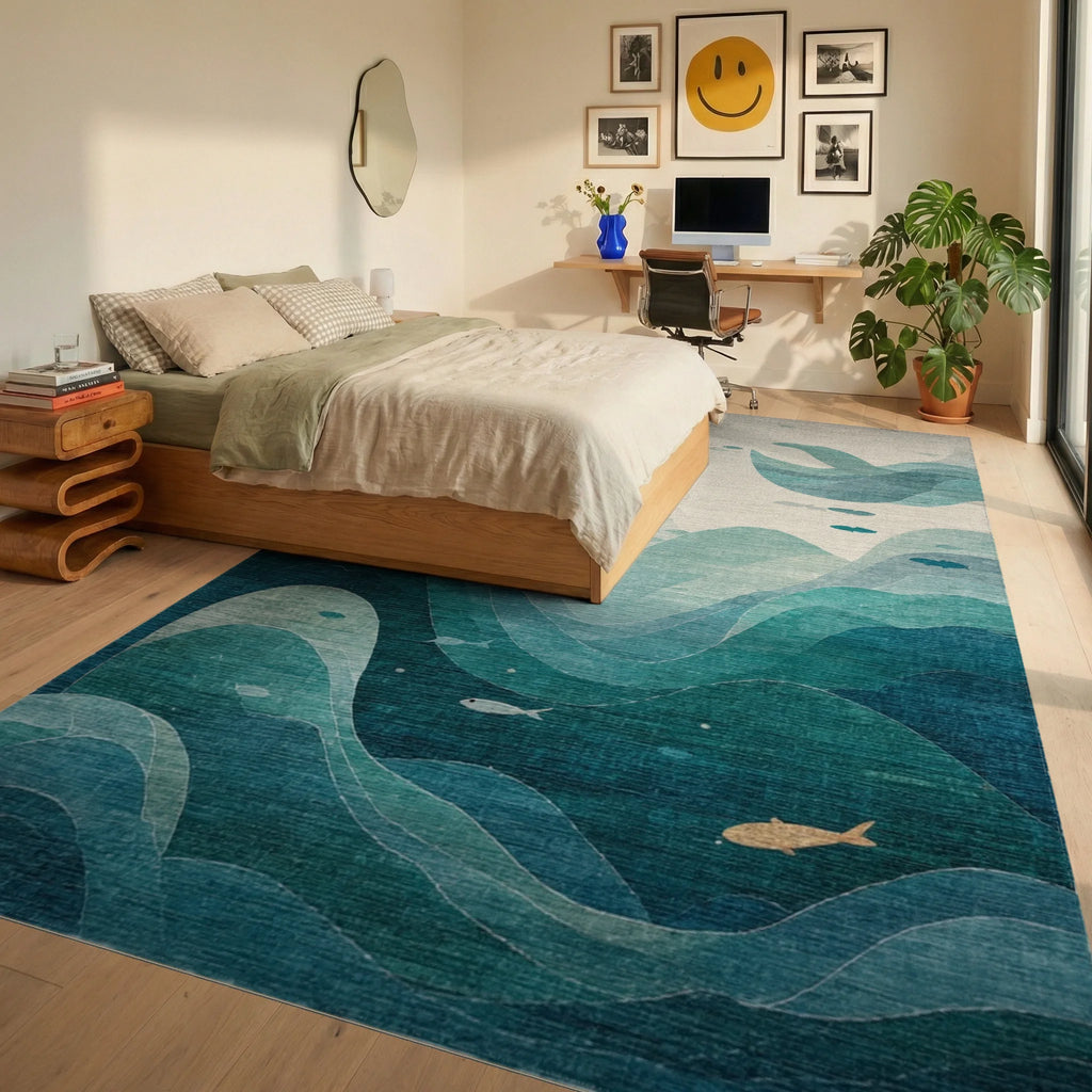 Deep Blue Ocean Waves with Fish Rug - Bedroom View